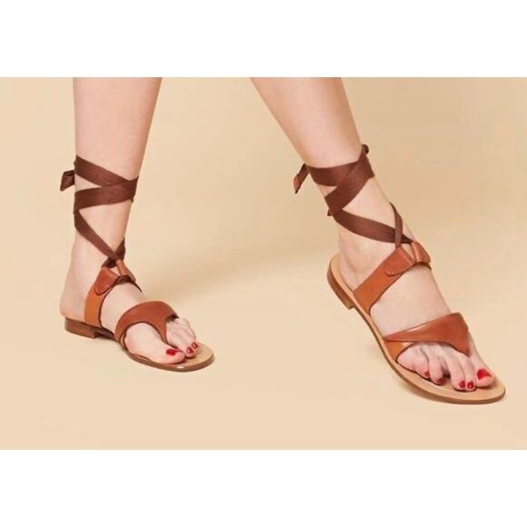 $395 Sarah Flint Sandals Leather Grear Saddle Vachetta Lace Up Shoe US 7 New - Picture 1 of 6